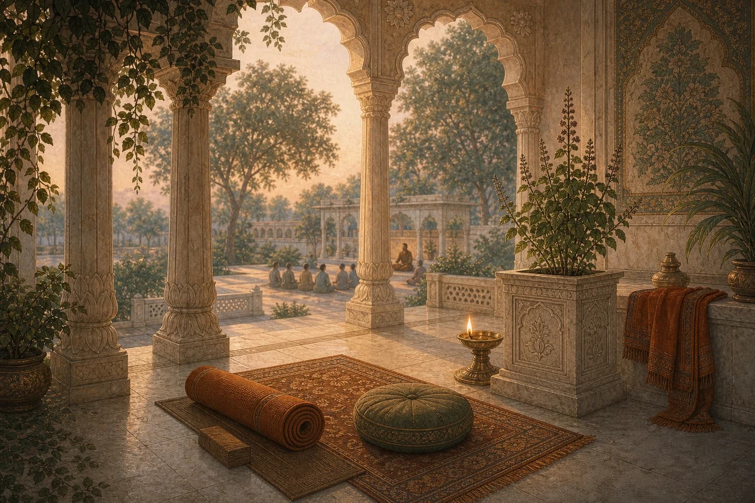 Calm ashram verandah at dawn
