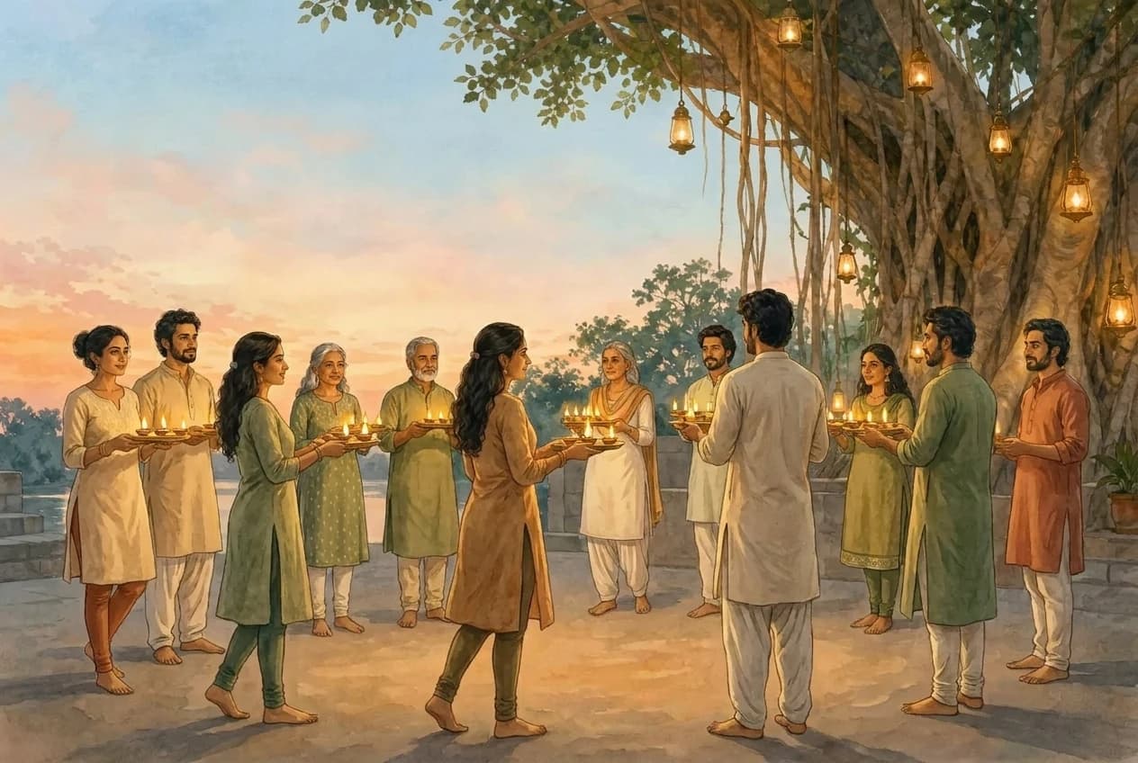 An evening circle of lamps