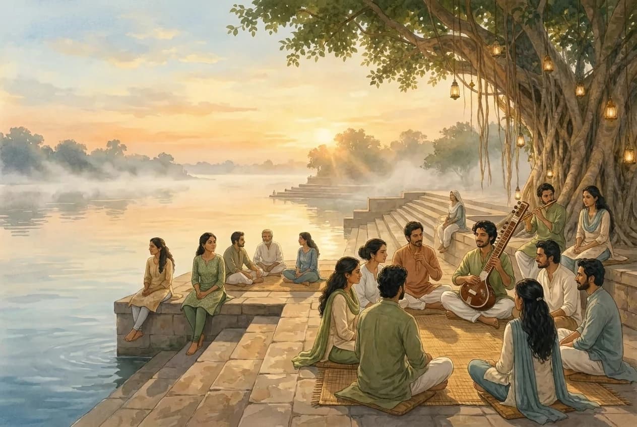 A river ghat at sunrise, an open mat and a lit diya kept ready beside a white arched pavilion